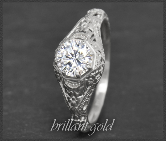 Diamant Ring, 0,91ct Solitär, 585 Weißgold, Jugendstil Design